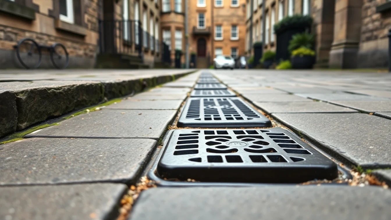 Edinburgh New Town drainage channel with cast-iron drain grate